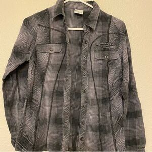 COLUMBIA women’s long sleeve Button Up Cotton plaid flannel shirt Black gray -S